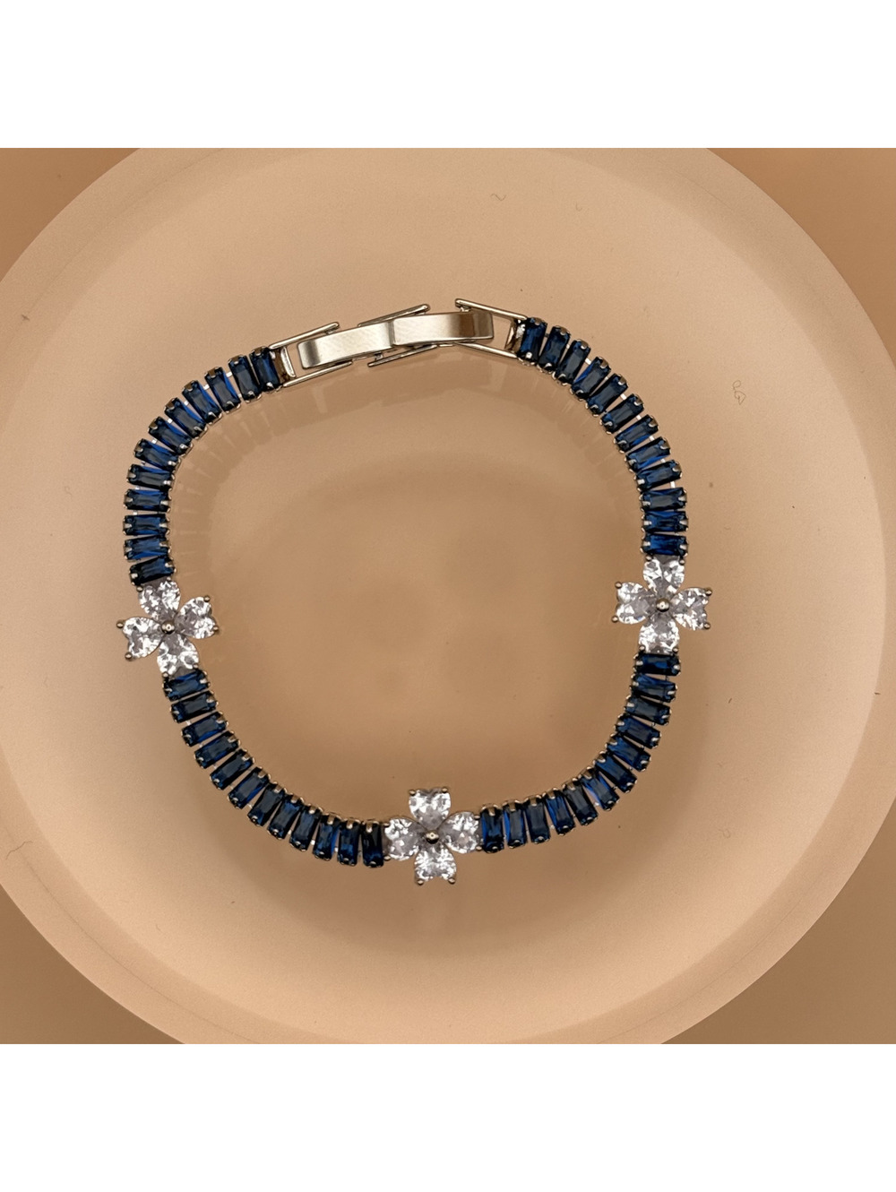 candy+clover dark blue crystal baguette floral silver tone tennis bracelet